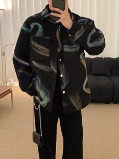 阿茶与阿古不规则油画风拉毛外套男秋冬潮牌新款休闲宽松夹克上衣