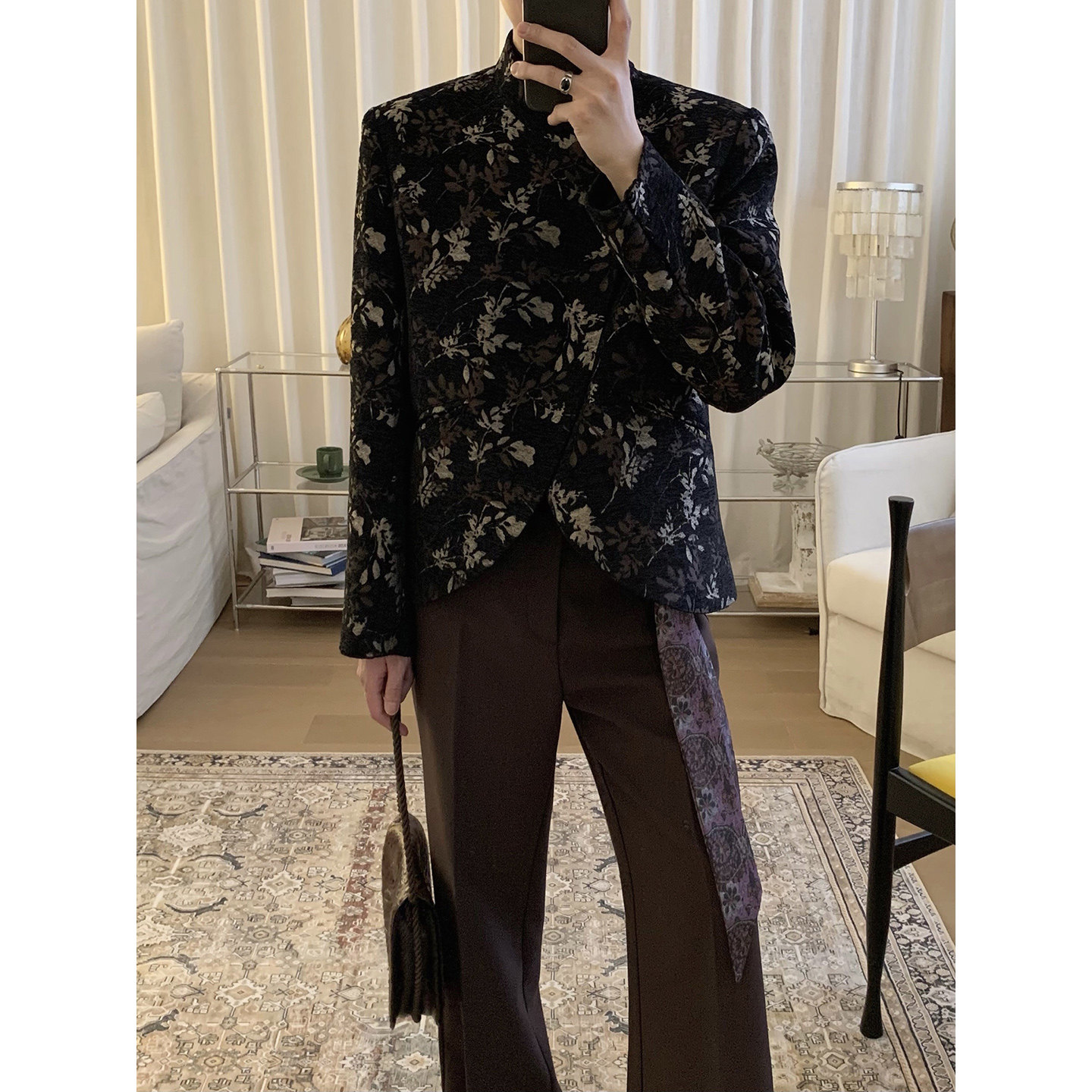 阿茶与阿古黑色新中式花影刺绣外套男款秋季斜门襟立领休闲夹克