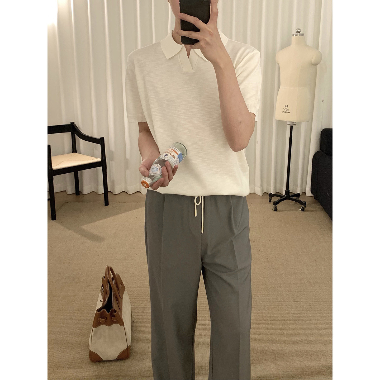 阿茶与阿古米白色冰丝polo衫男款夏季宽松休闲cleanfit短袖t恤