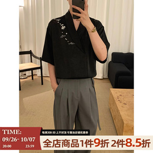 阿茶与阿古 {梨赋}黑色刺绣短袖衬衫男夏季缎面休闲宽松半袖衬衣