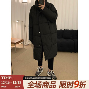 阿茶与阿古黑色中长款棉服男款冬季潮牌宽松休闲保暖面包服棉衣