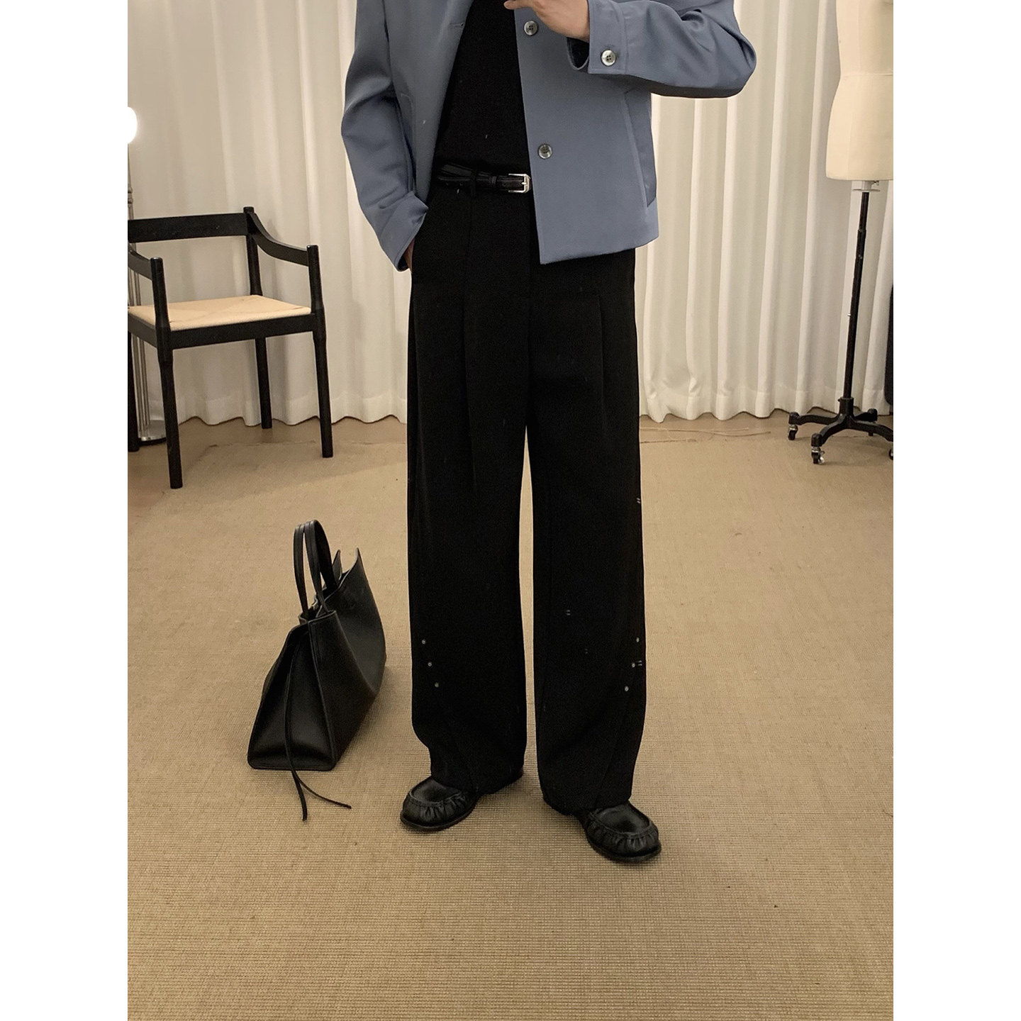 阿茶与阿古黑色阔腿铆钉西裤男款春季设计感宽松垂感休闲长裤