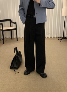 阿茶与阿古黑色阔腿铆钉西裤男款春季设计感宽松垂感休闲长裤