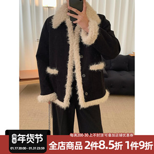阿茶与阿古黑色灯芯绒夹棉外套男秋冬款潮牌设计感毛毛拼边上衣