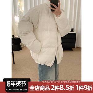 阿茶与阿古白色小香风华夫格棉衣男冬季韩版潮流休闲宽松棉服外套