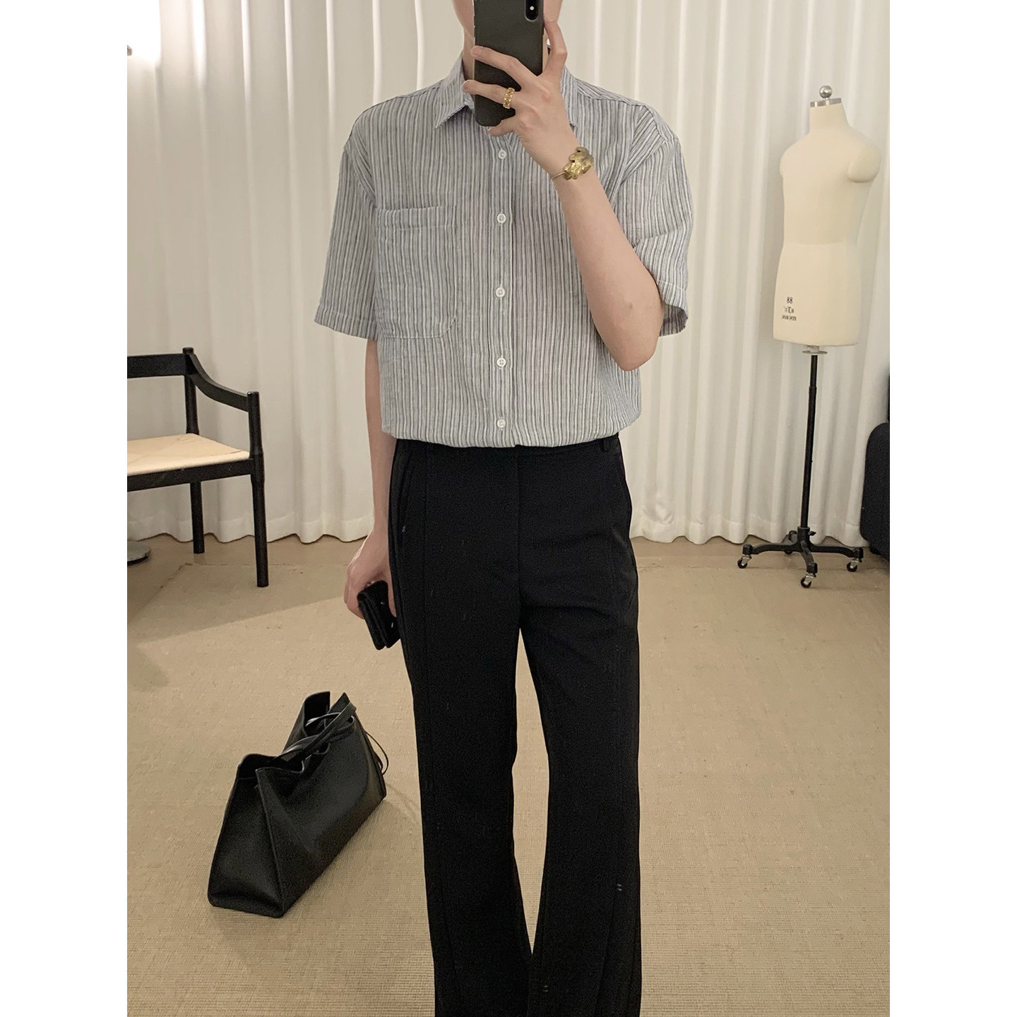 阿茶与阿古灰色条纹短袖衬衫男款夏季新款宽松休闲复古衬衣
