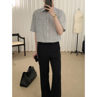 阿茶与阿古灰色条纹短袖衬衫男款夏季新款宽松休闲复古衬衣
