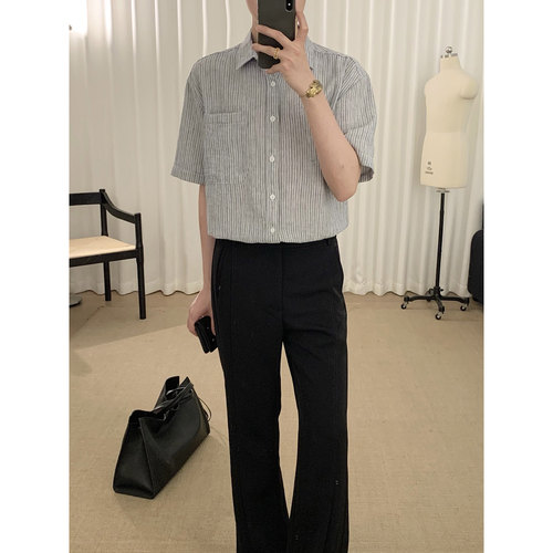 阿茶与阿古灰色条纹短袖衬衫男款夏季新款宽松休闲复古衬衣