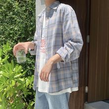 学院风蓝色调拼色格纹衬衣 阿茶与阿古小清新格子衬衫 男长袖