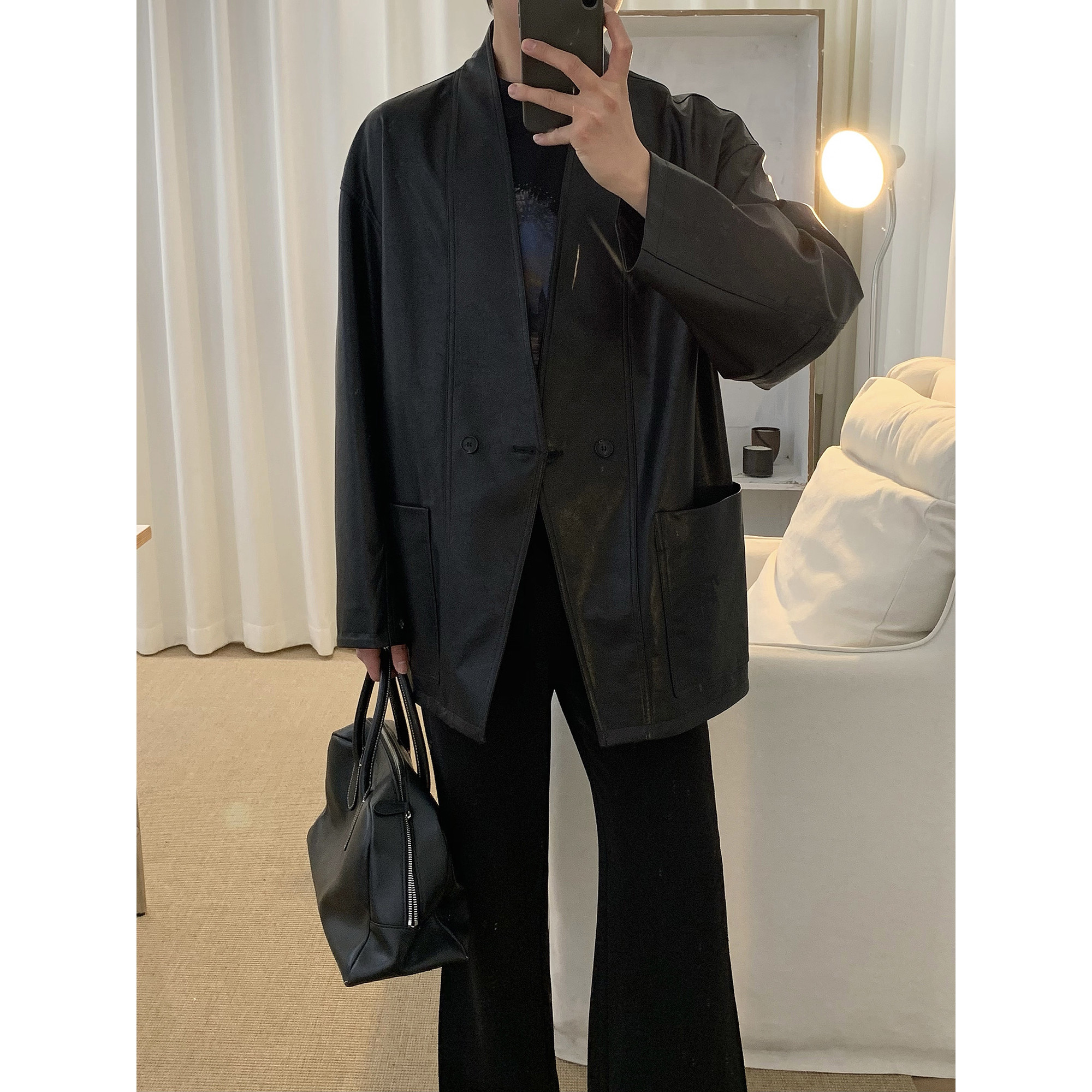 阿茶与阿古黑色廓形设计感皮衣西装外套男款宽松小众高级感皮夹克