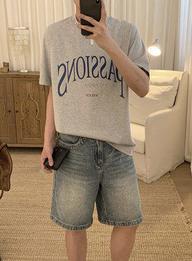 阿茶与阿古灰色字母喷绘印花短袖t恤男款夏季潮流宽松休闲上衣