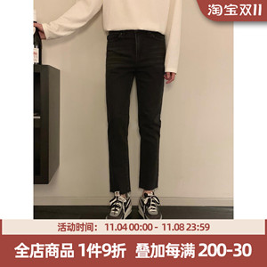 阿茶与阿古黑色修身牛仔裤男春夏紧身潮流新款须边休闲裤子