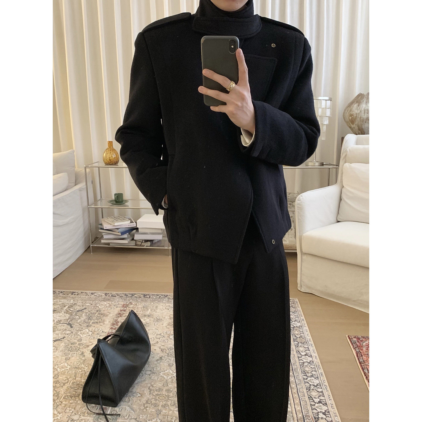 阿茶与阿古黑色立领羊毛外套男款冬季夹棉肩袢设计宽松休闲夹克