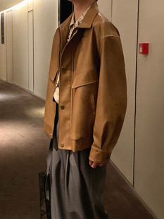 阿茶与阿古棕色复古皮衣外套男高级感潮牌新款宽松派克服皮夹克