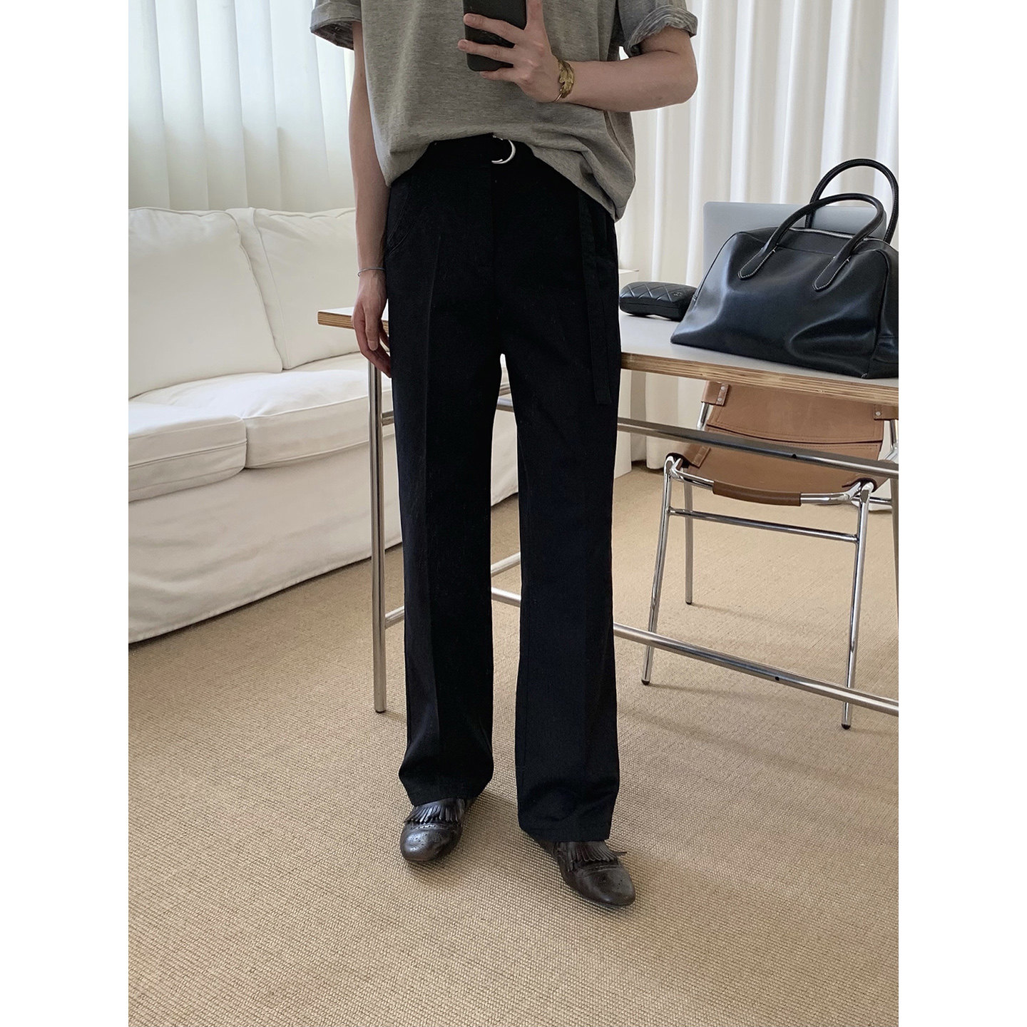 阿茶与阿古黑色重工车边工装裤子男夏季潮流百搭宽松直筒休闲长裤