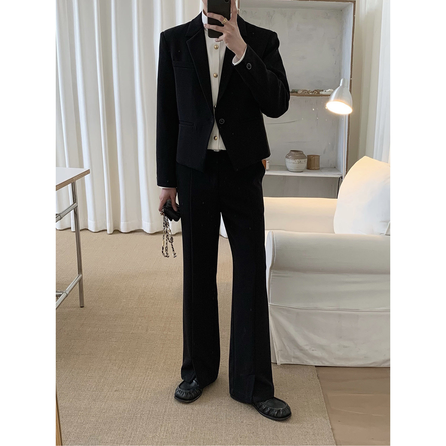 阿茶与阿古黑色立裁套西秋季韩版西装外套男款直筒宽松微喇西裤