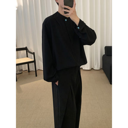阿茶与阿古黑色绿松石衬衫男高级感痞帅春季设计感宽松休闲衬衣