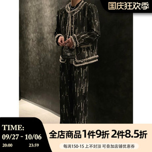 阿茶与阿古小香风流苏牛仔套装男潮牌高级感垫肩外套拖地牛仔裤