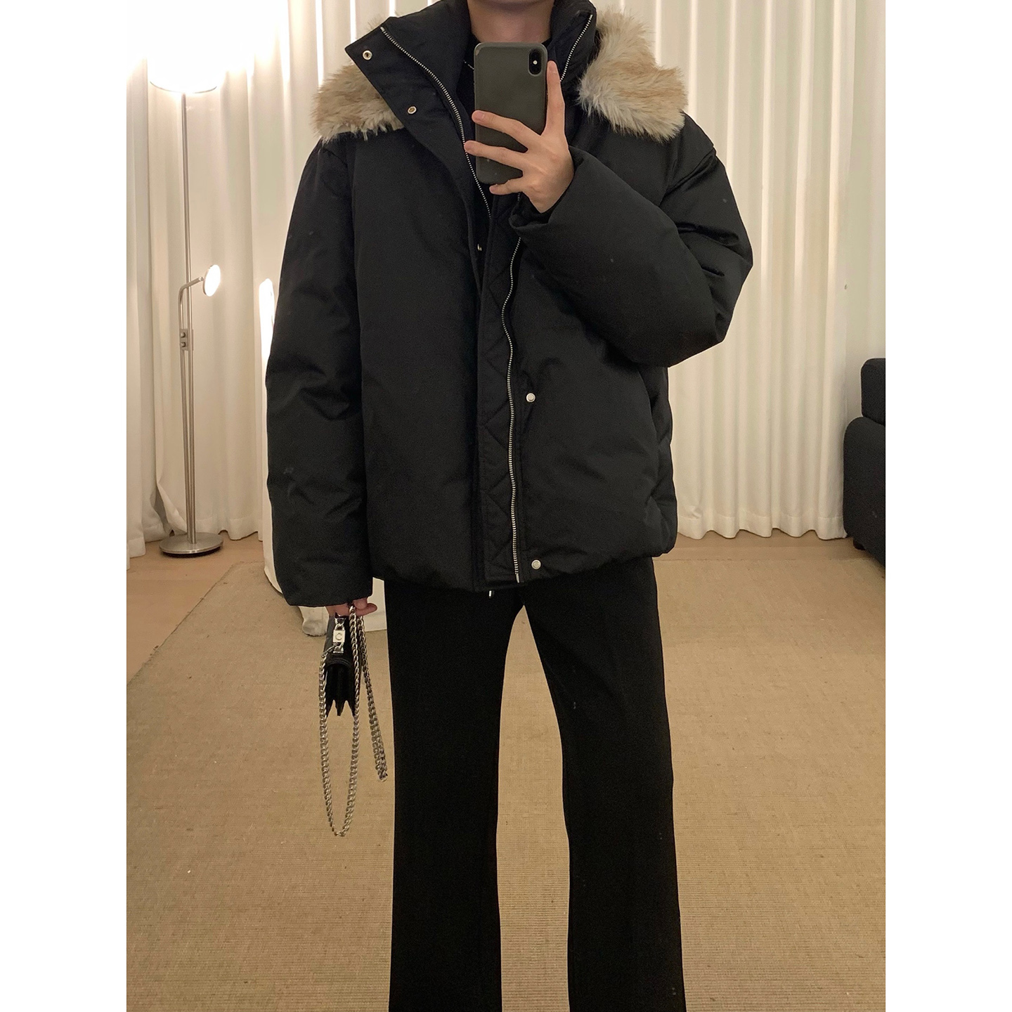 阿茶与阿古黑色毛领棉服男款冬季加厚保暖宽松休闲棉衣外套