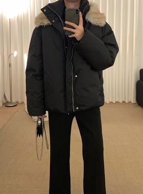 阿茶与阿古黑色毛领棉服男款冬季加厚保暖宽松休闲棉衣外套