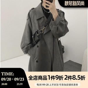 阿茶与阿古复古灰色风衣男中长款春秋季新款休闲宽松翻领大衣外套