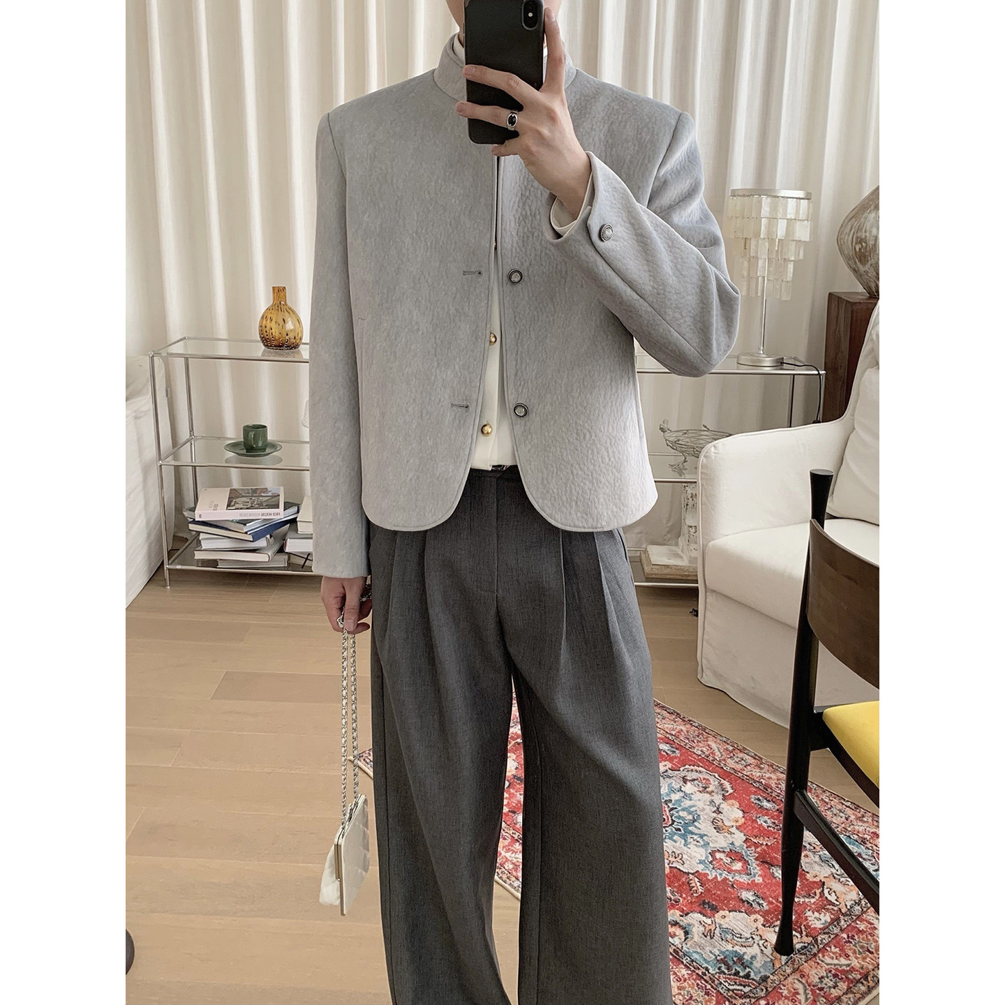 阿茶与阿古淡灰新中式外套男款2026秋季新款简约宽松休闲立领夹克