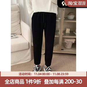 阿茶与阿古黑色加绒裤子男冬季新款韩版潮牌百搭宽松百搭休闲卫裤