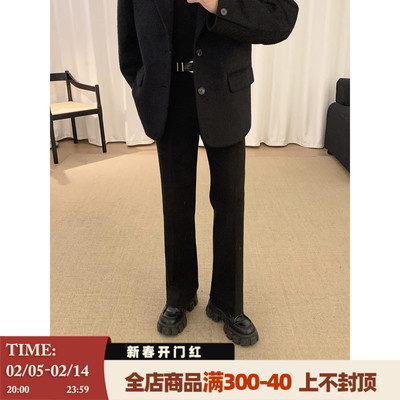 阿茶与阿古黑色毛呢西裤男直筒宽松秋冬韩版百搭显瘦保暖休闲长裤