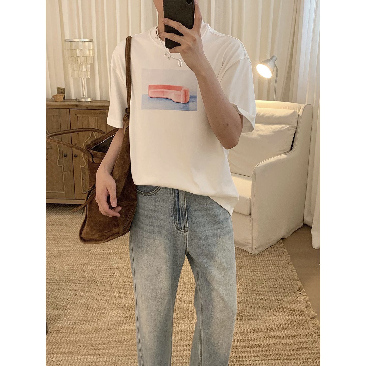 阿茶与阿古白色喷绘印花短袖t恤男女同款韩版潮流宽松休闲上衣