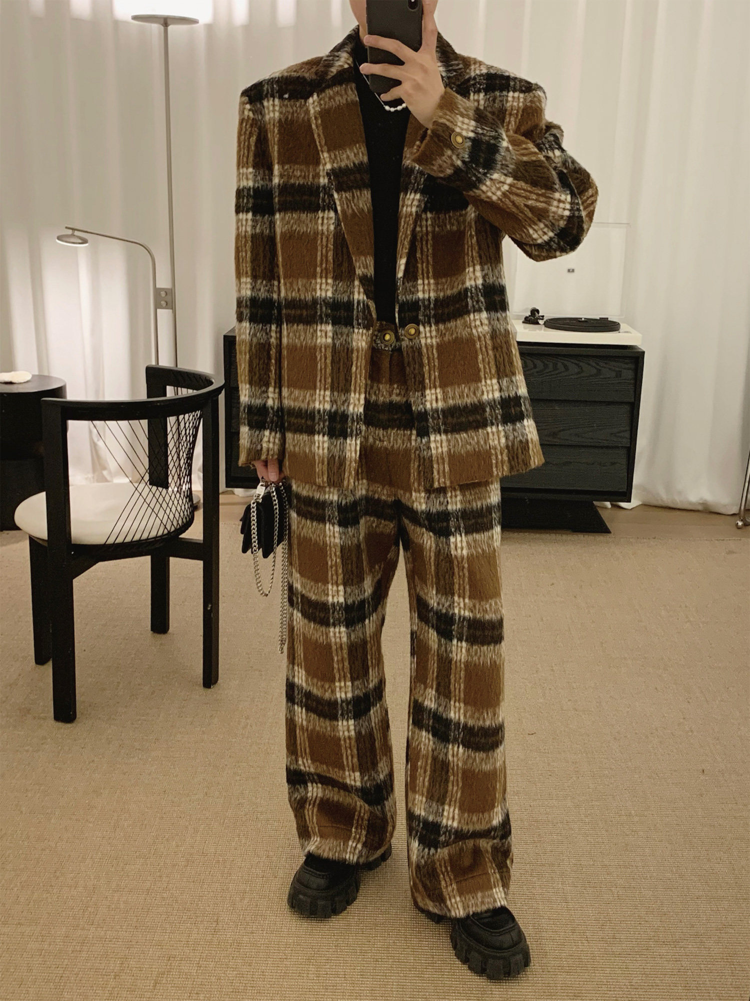 阿茶与阿古美拉德格纹毛呢西装套装男秋冬复古西服外套休闲西裤