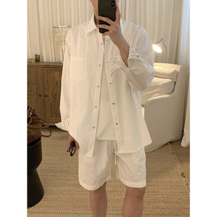 阿茶与阿古白色衬衫短裤套装男款夏季韩版潮流宽松日常休闲两件套