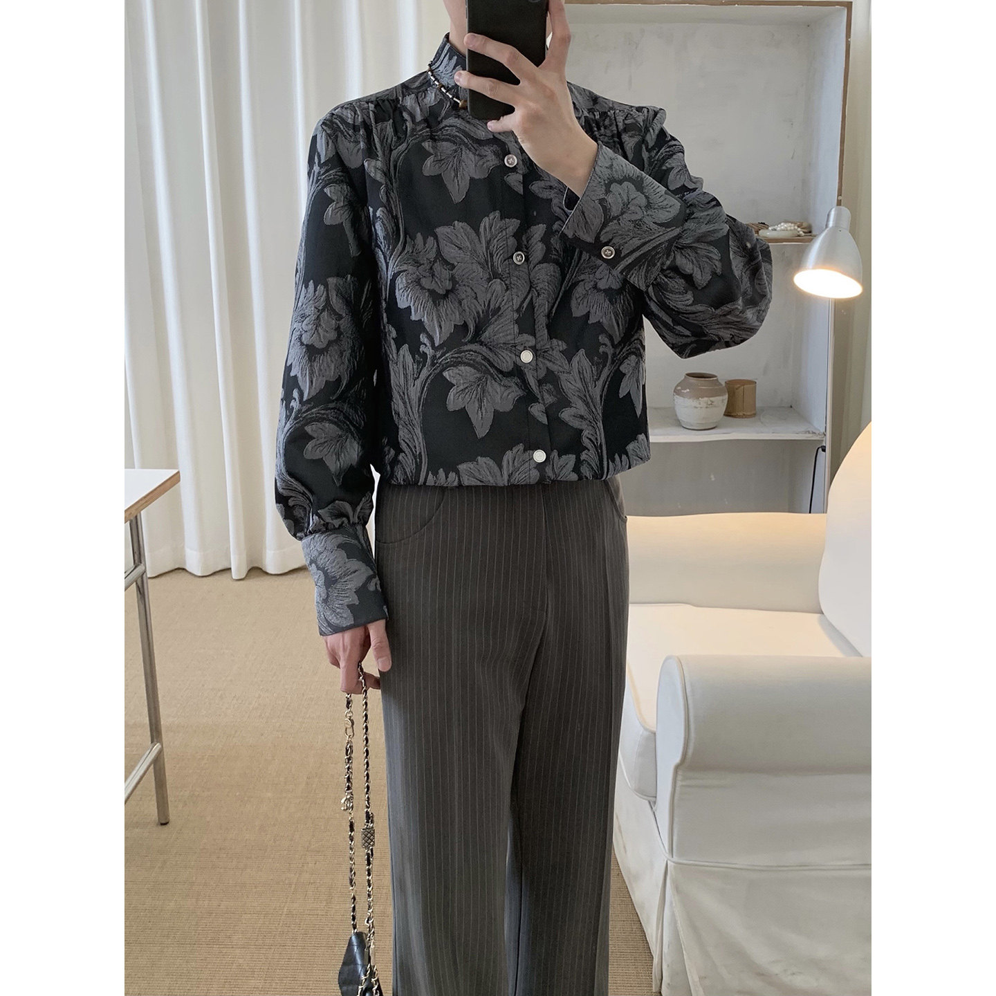 阿茶与阿古银灰色绣花衬衫男款2026秋季新中式立宽松休闲长袖衬衣