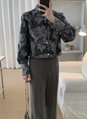 阿茶与阿古银灰色绣花衬衫男款2026秋季新中式立宽松休闲长袖衬衣