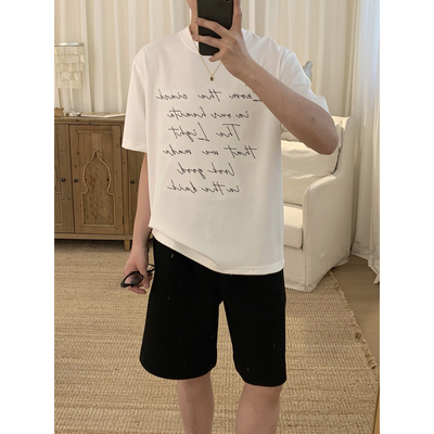 阿茶与阿古白色刺绣短袖男女同款夏季潮流宽松休闲百搭t恤上衣