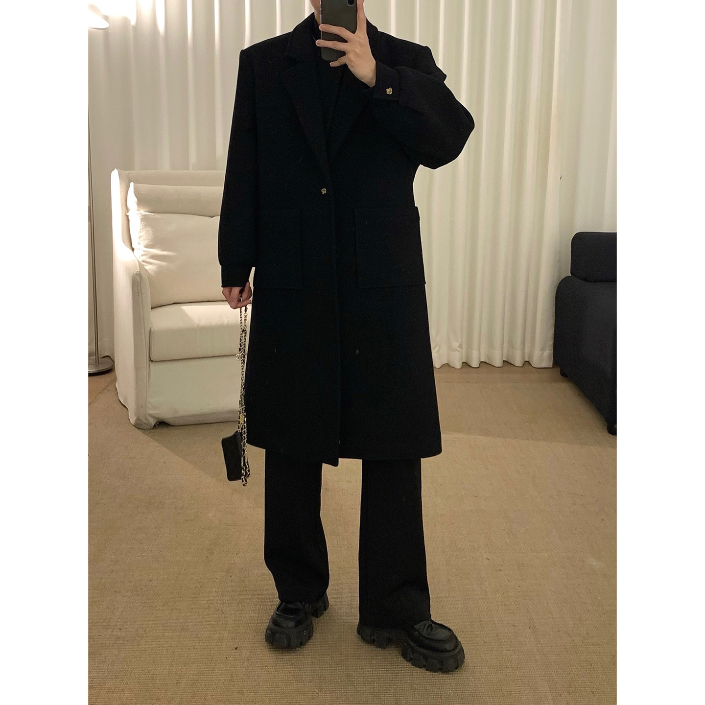 阿茶与阿古【编织羊毛】黑色毛呢大衣男款冬季加厚韩版呢子外套