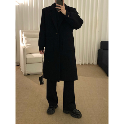 阿茶与阿古【编织羊毛】黑色毛呢大衣男款冬季加厚韩版呢子外套