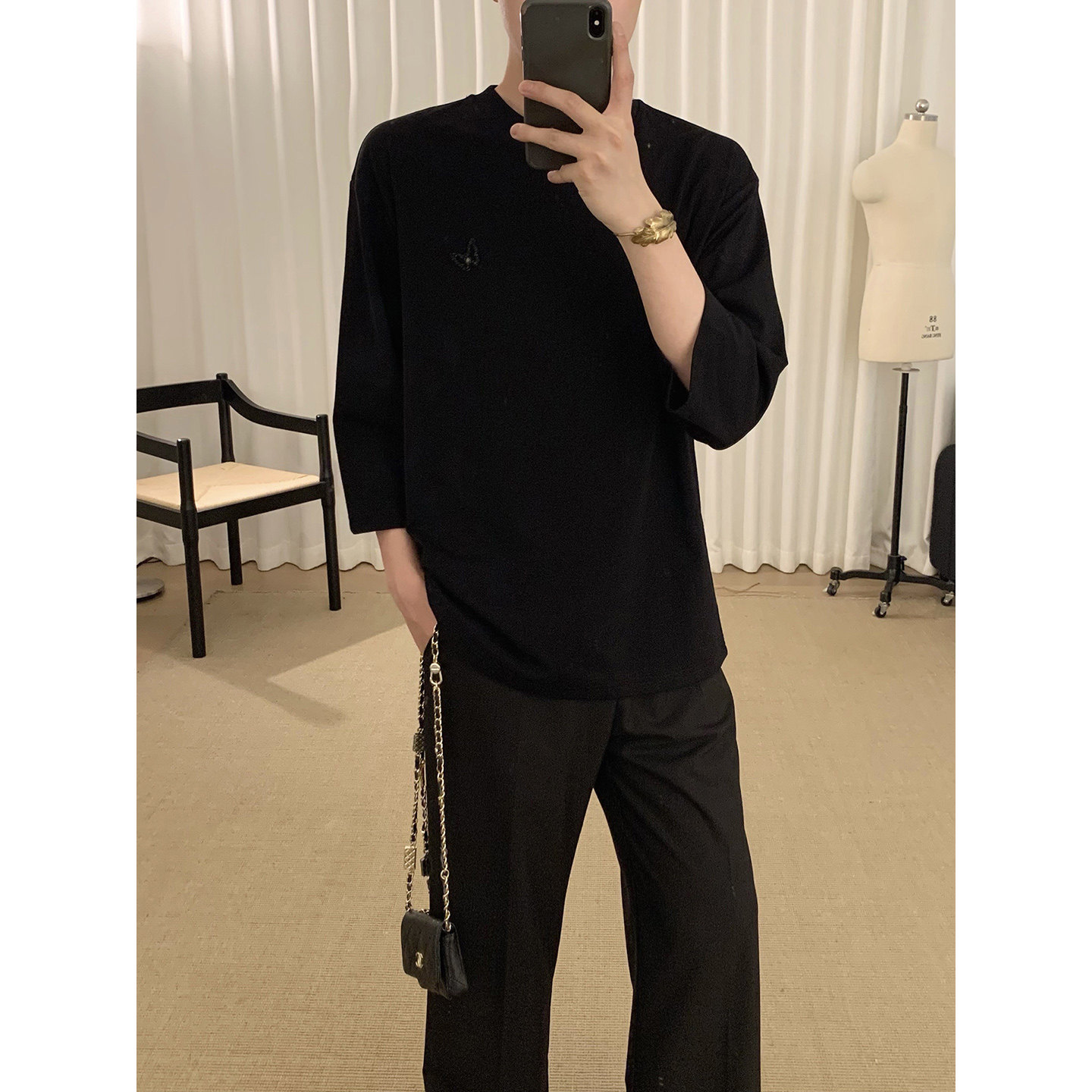 阿茶与阿古黑色蝴蝶烫钻七分袖t恤男夏季垂感宽松慵懒风休闲上衣