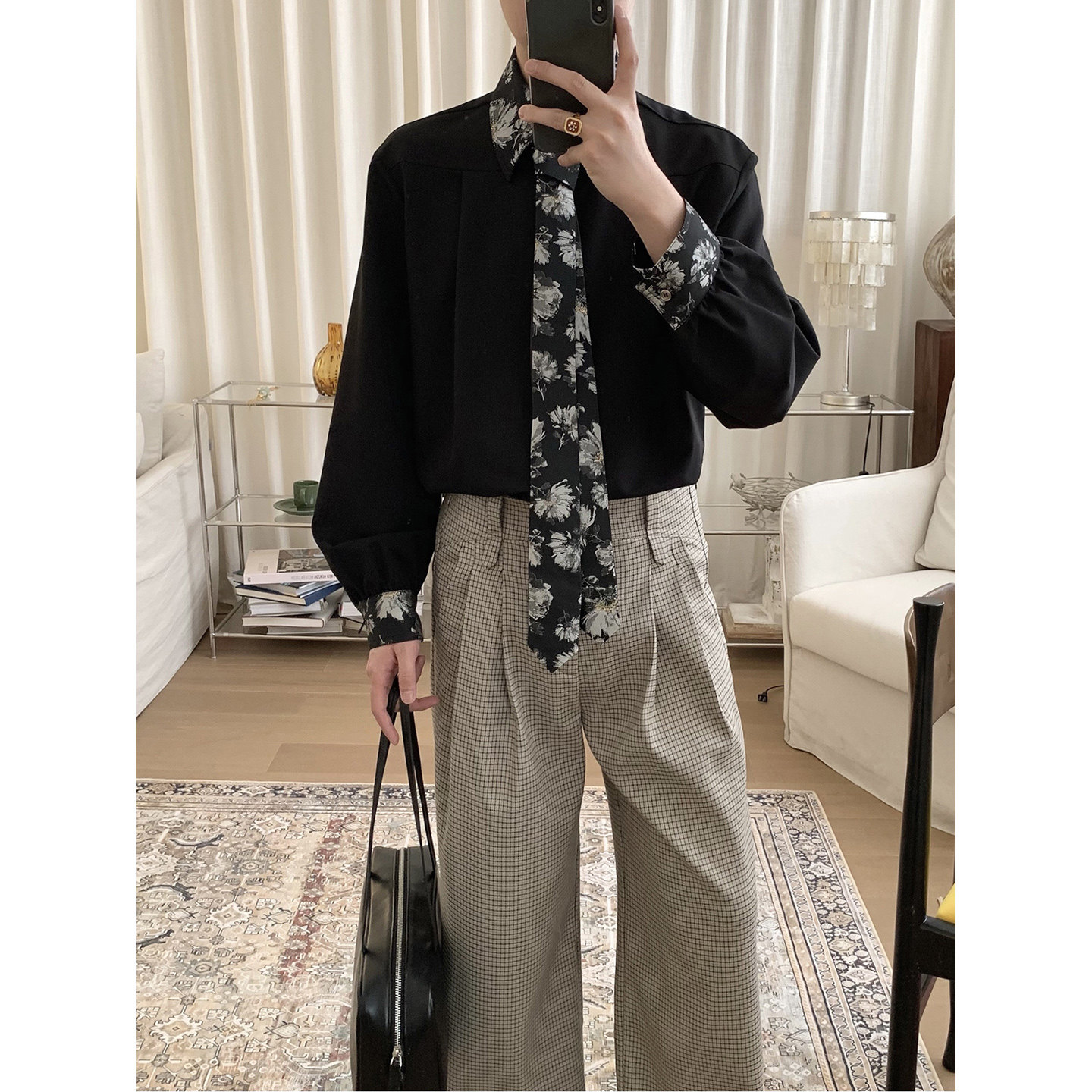 阿茶与阿古黑色刺绣拼边衬衫男长袖秋季新中式设计感宽松领带衬衣
