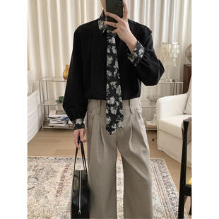 阿茶与阿古黑色刺绣拼边衬衫男长袖秋季新中式设计感宽松领带衬衣