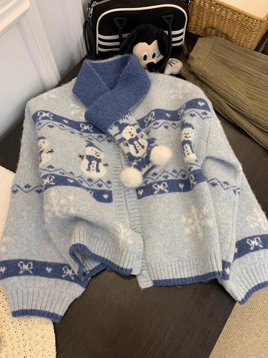 Christmas Outfit Fair Isle Sweater Cardigan for Women, Autumn and Winter Mohair Knit Sweater Jacket, Petite Lazy Style Top