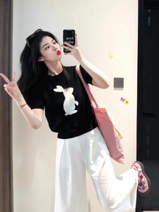 植绒小兔针织衫 短袖 韩版 T恤女上衣 2024年新款 设计感甜美短款 修身
