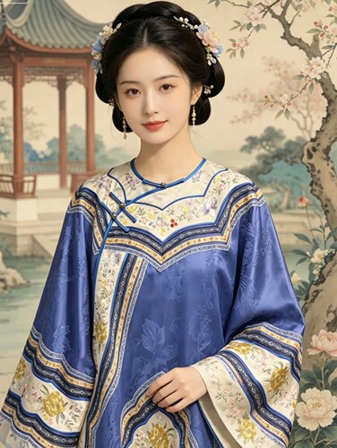 罗绮者重磅桑蚕丝格格服牡丹提花宝蓝色少奶奶圆领斜襟新中式古装