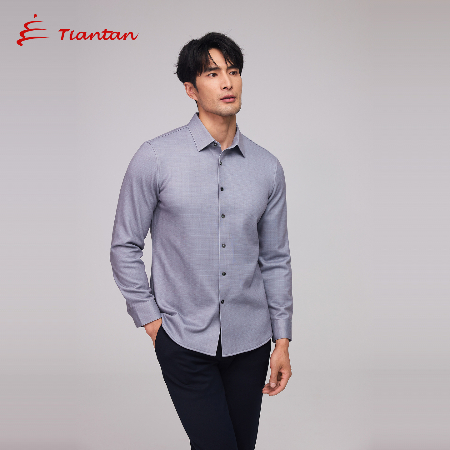 天坛长袖衬衫男士格纹磨毛保暖冬季衬衣休闲商务灰色格纹雅致上衣