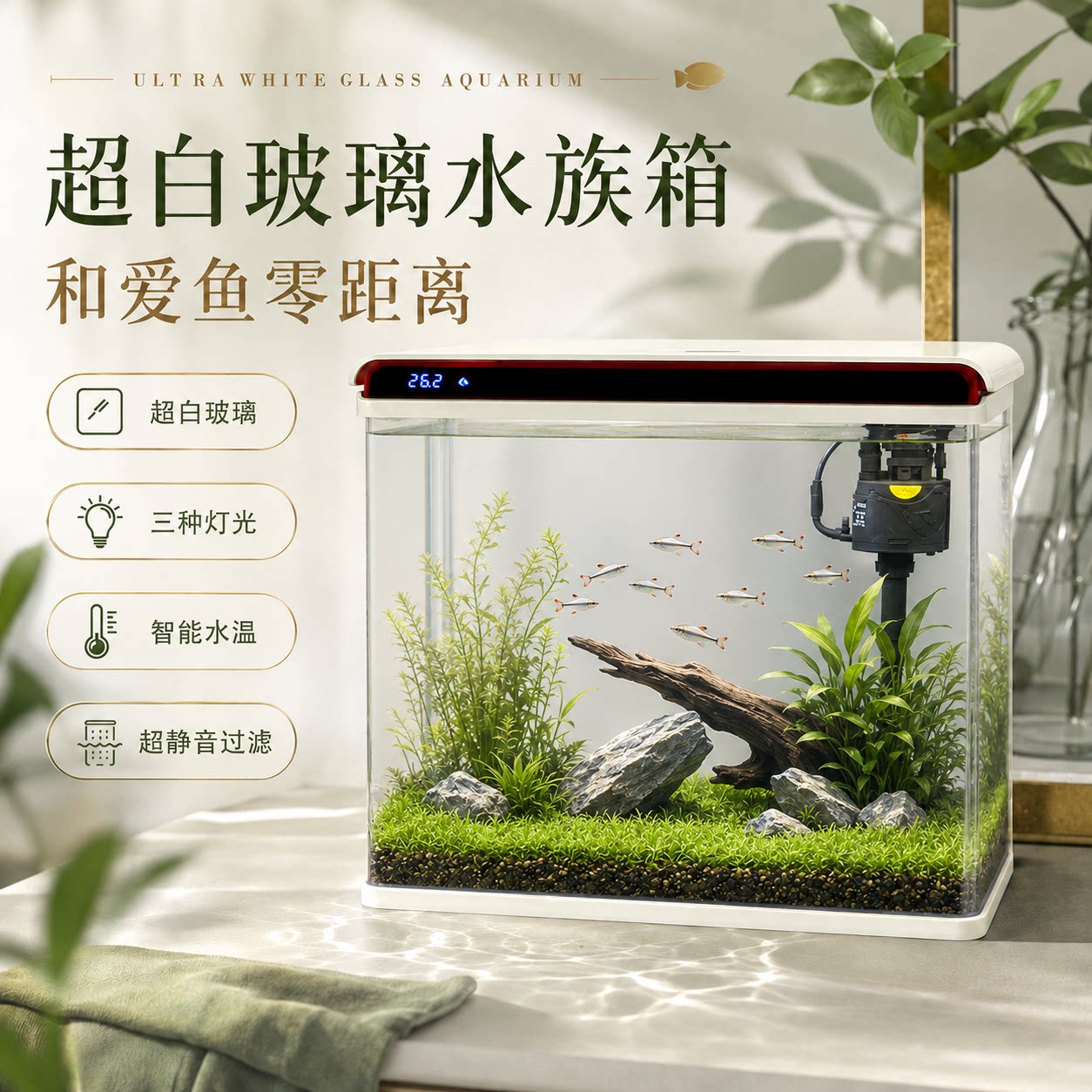 《双11.11特惠》智能数显水族箱小型客厅鱼缸造景热弯超白鱼缸