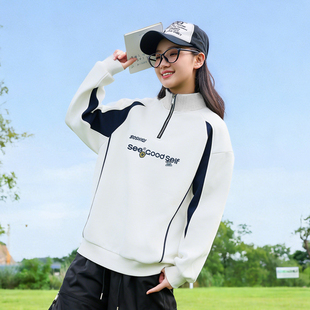 初中生立领卫衣春装2026新款少女宽松洋气半拉链高中学生打底上衣