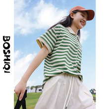 高中生绿色条纹POLO衫夏季新款初中学生短袖T恤少女孩大童休闲潮