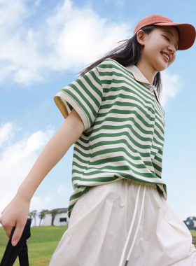 高中生绿色条纹POLO衫夏季新款初中学生短袖T恤少女孩大童休闲潮