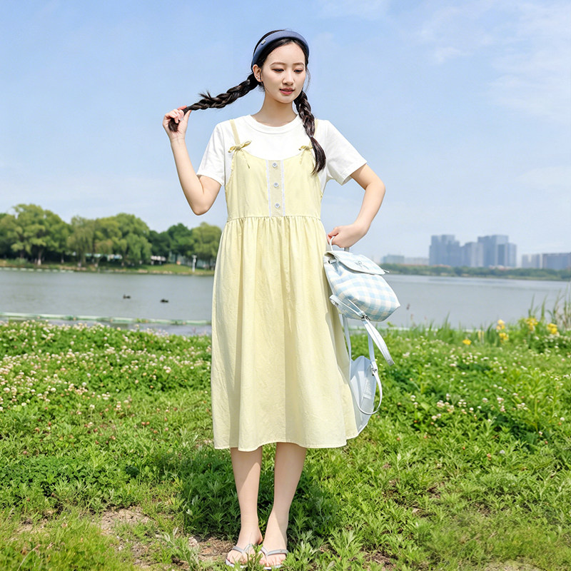 初中生假两件连衣裙夏装2026新款少女宽松洋气青少年高中学生裙子
