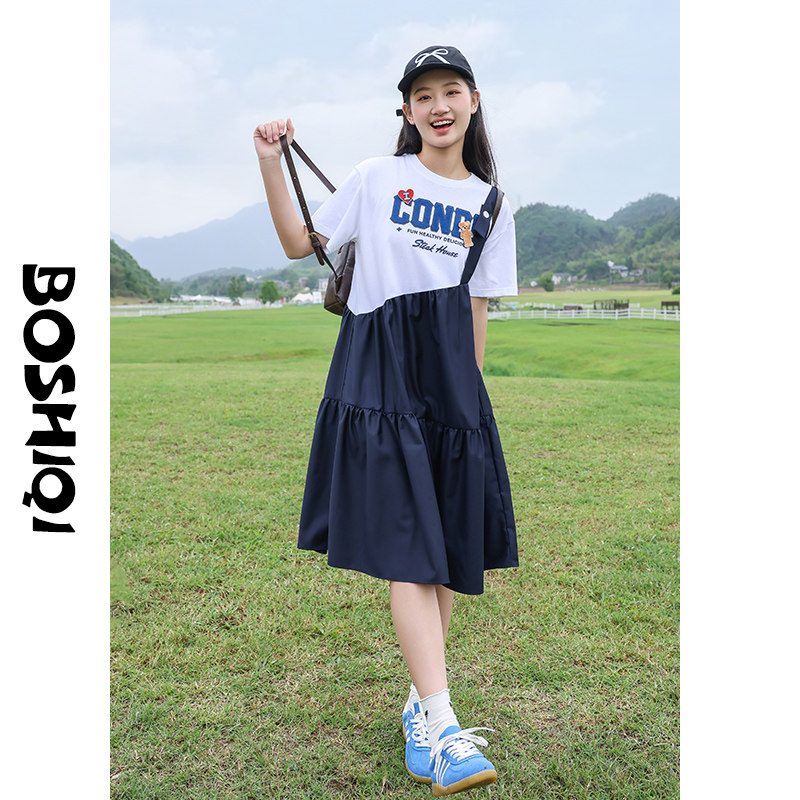 女大童假两件短袖背带连衣裙2026夏装新款学院风初中学生夏季裙子