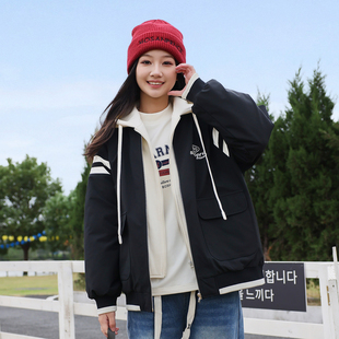 初中生外套秋冬2025新款少女宽松休闲洋气夹棉加厚假两件高中学生